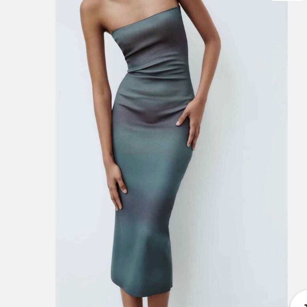 Zara Strapless Ombre Bodycon Midi Dress in Teal